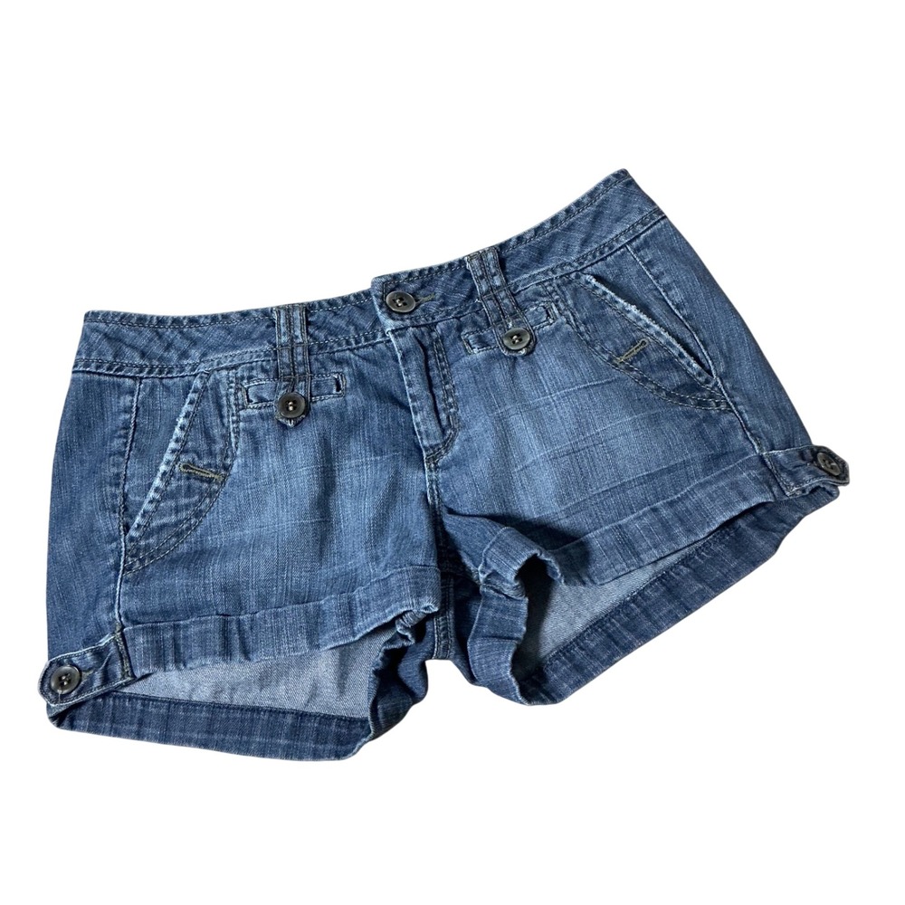 Fragile Blue Jeans Y2K Low Rise Denim Shorts Womens 6 Blue Cuffed Button Detail